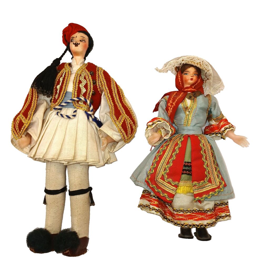 Lot Of 2 Vintage Greek Cloth Costume Dolls 7 & 9 inches tall